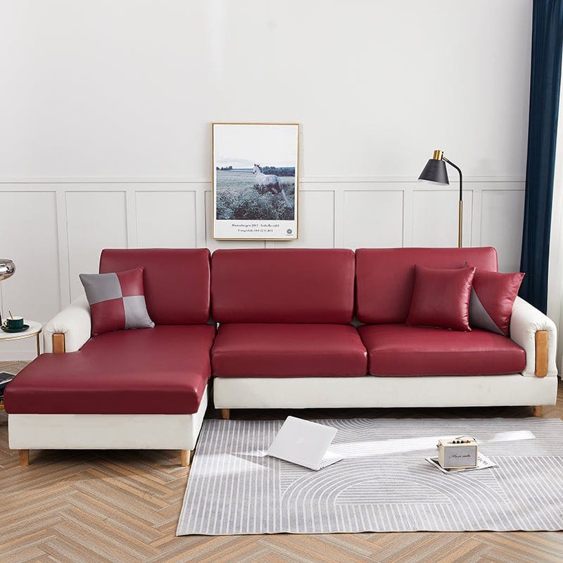 Bezug aus Kunstleder für Sitz- und Rückenkissen, Granatrot, auf den Sitz- und Rückenkissen eines Sofas