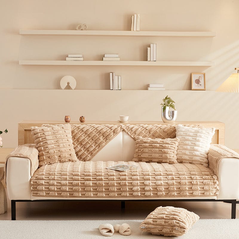 EasyCover-Sofabezug aus dickem Kunstfell, Braun Pflasterstein, auf einem Sofa