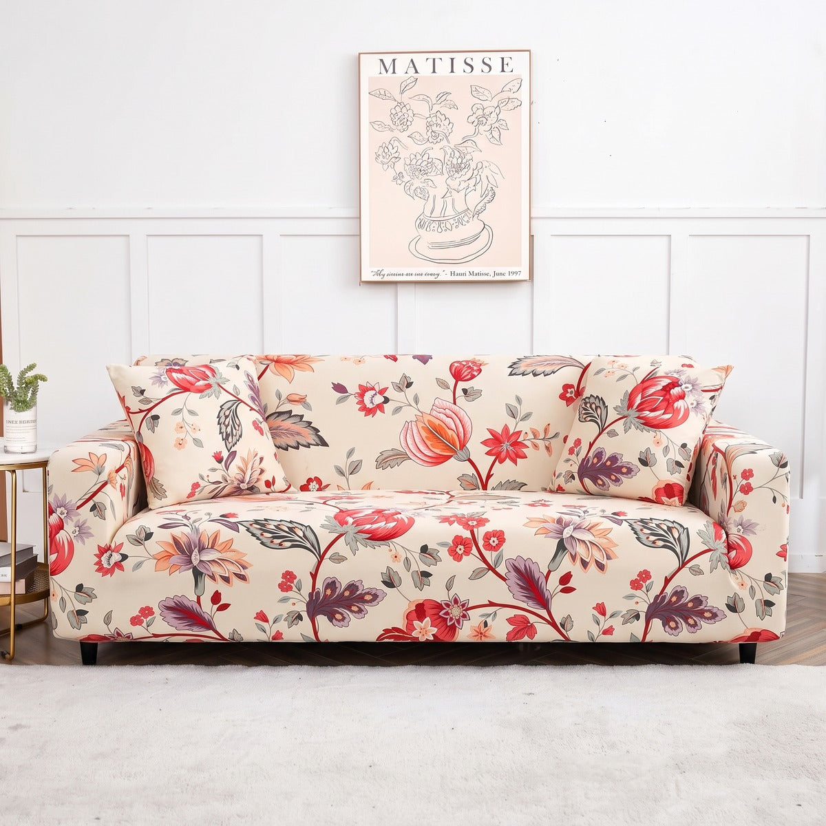 Stretch-Sofabezug Ecru mit rotem Blumenmuster