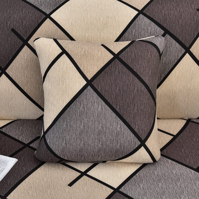 Stretch-Kissenbezüge 45 × 45 cm — 2er-Set, Braun Rauten, auf einem Sofa